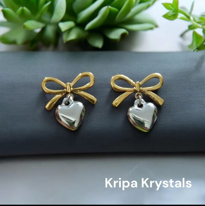 Bow & Heart Charm Earrings – Duo-Tone Studs