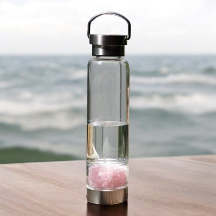 Rose Quartz Chips Crystal Infused Glass Water Bottle