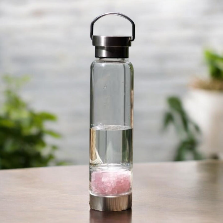 Rose Quartz Chips Crystal Infused Glass Water Bottle