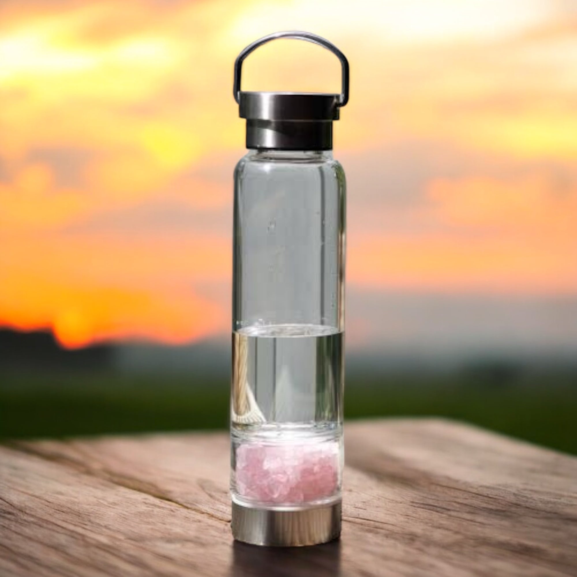 Rose Quartz Chips Crystal Infused Glass Water Bottle