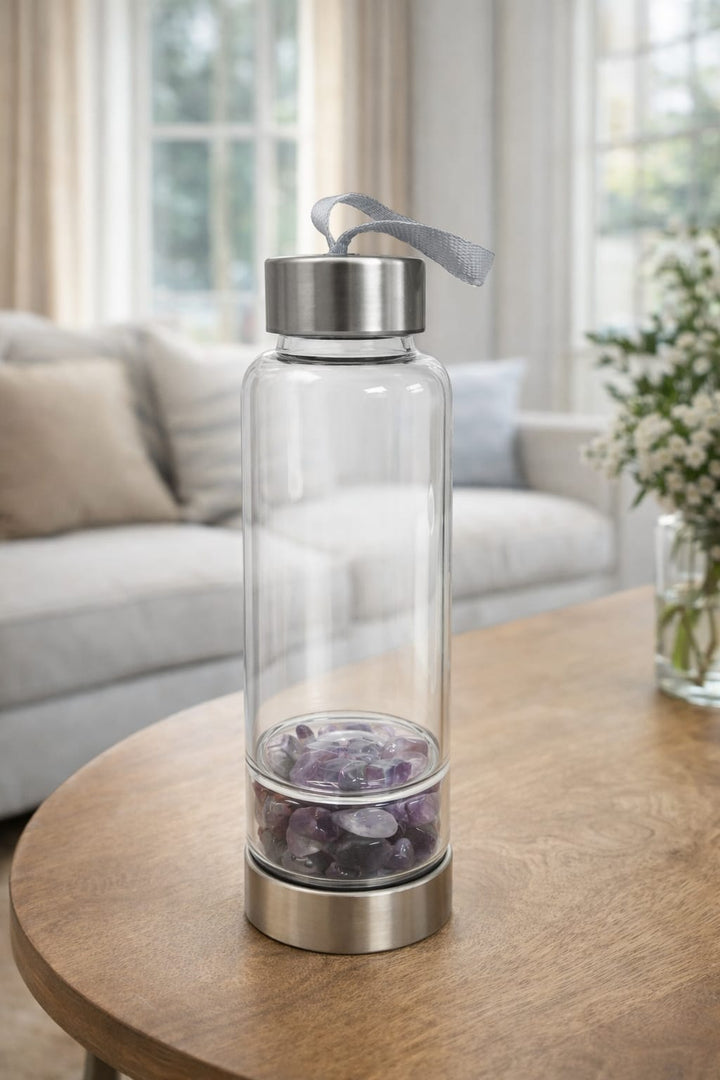 Kripa Krystals Amethyst Tumble Crystal Water Bottle | Natural Healing Crystal Infused Bottle for Calmness, Stress Relief & Positive Energy