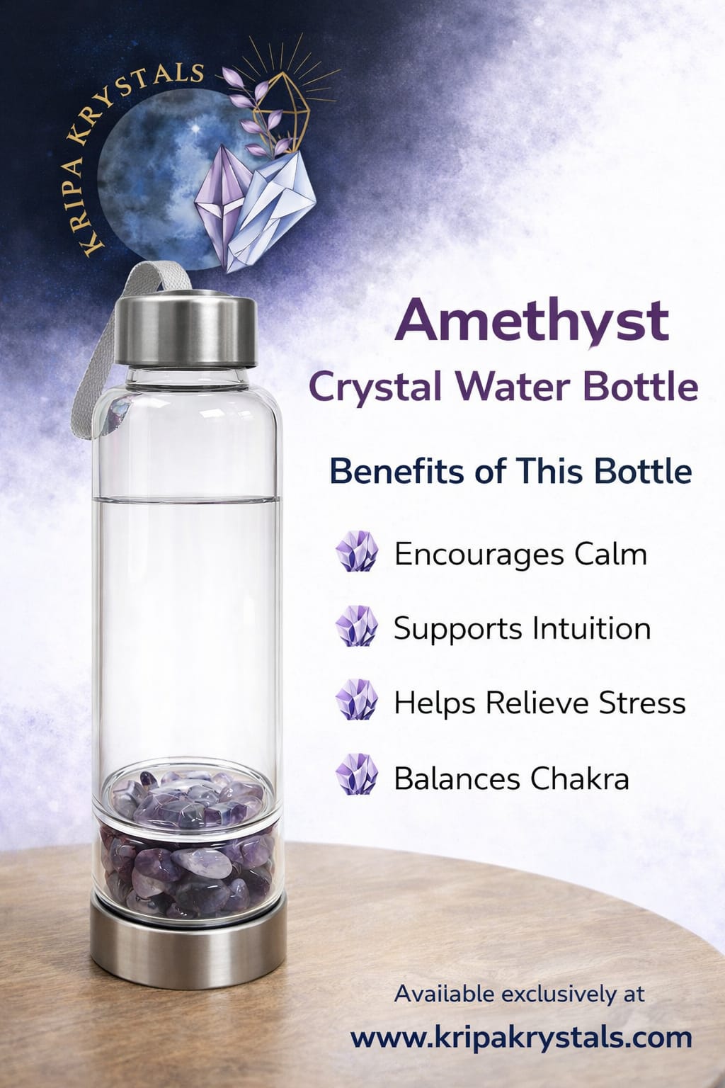 Kripa Krystals Amethyst Tumble Crystal Water Bottle | Natural Healing Crystal Infused Bottle for Calmness, Stress Relief & Positive Energy