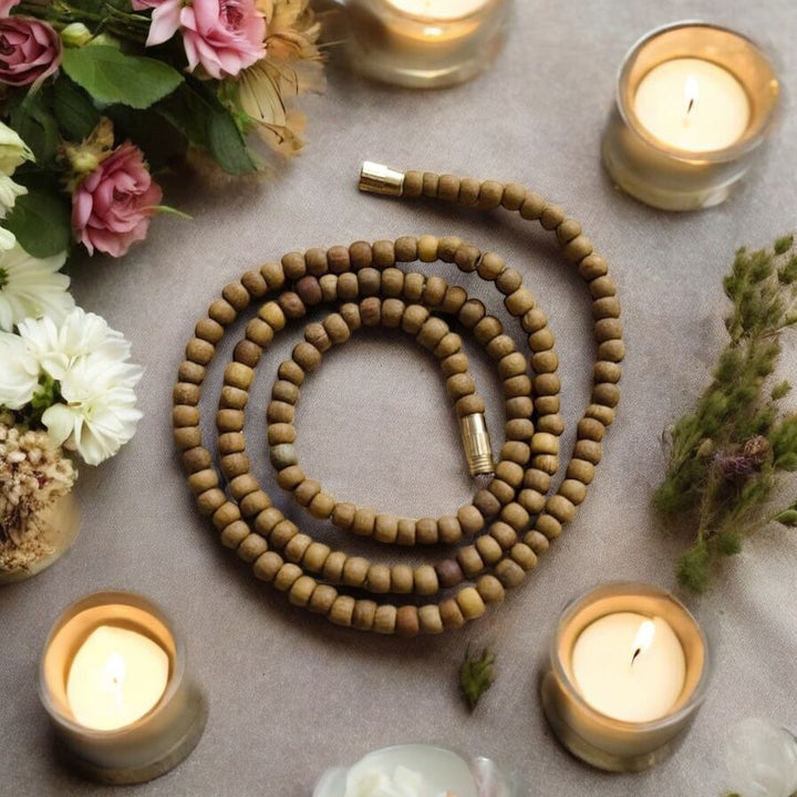Chandan Kanthi Mala – One Layer – Natural Sandalwood Beads with Brass Clasp