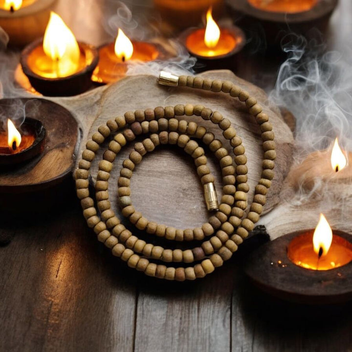 Chandan Kanthi Mala – One Layer – Natural Sandalwood Beads with Brass Clasp