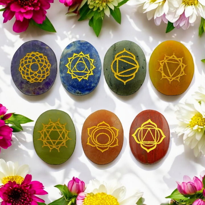 Meditation Seven Chakra Engraved Palm Stone Set