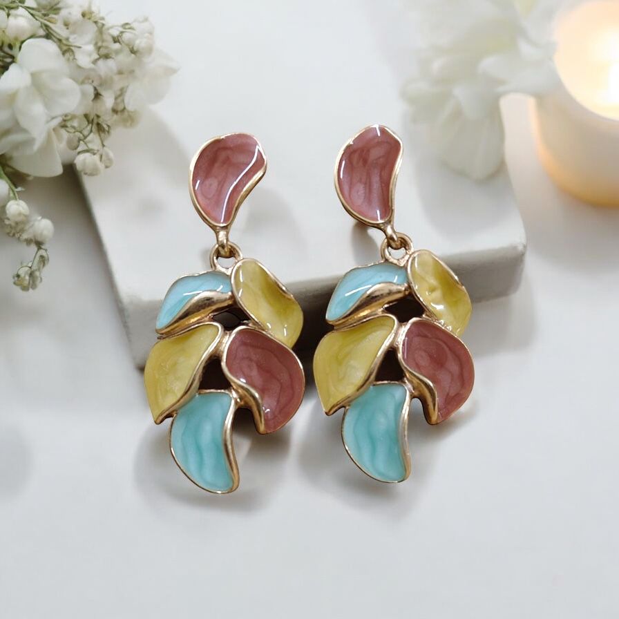 Multicolor Enamel Leaf Earrings - Style 3