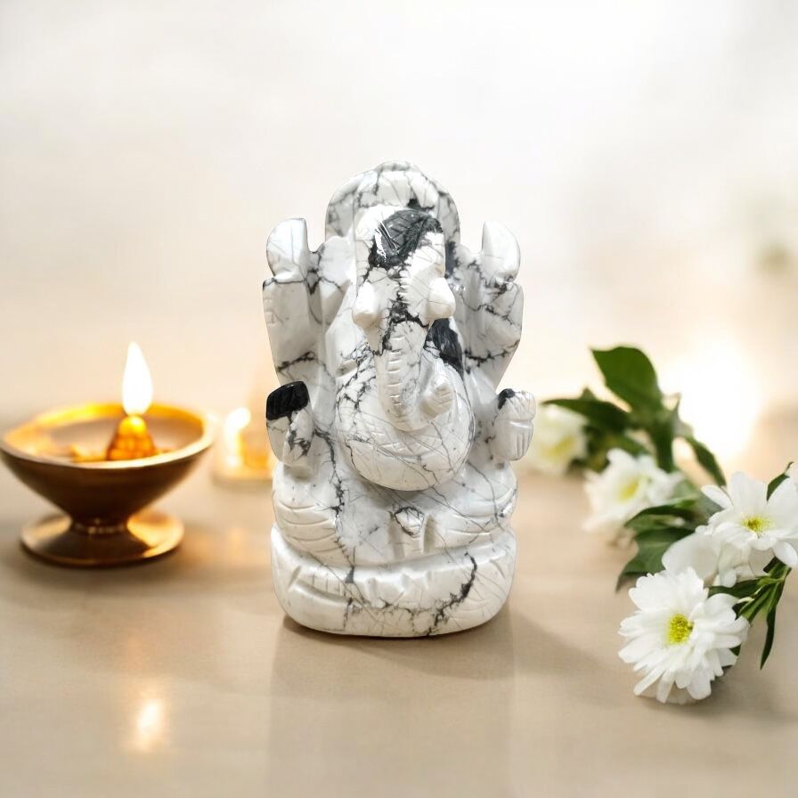 White Howlite Ganesha Idol - Size - 2.75 Inches