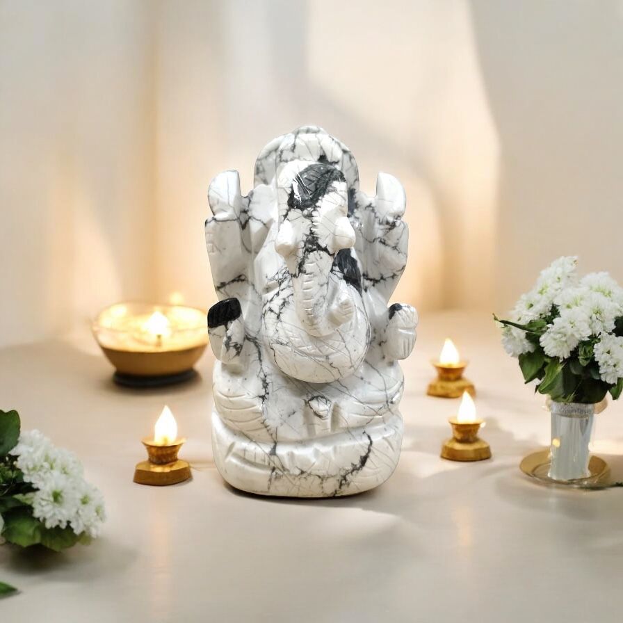 White Howlite Ganesha Idol - Size - 2.75 Inches