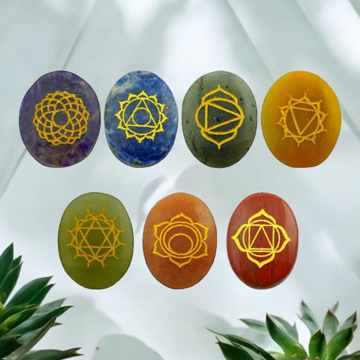 Meditation Seven Chakra Engraved Palm Stone Set