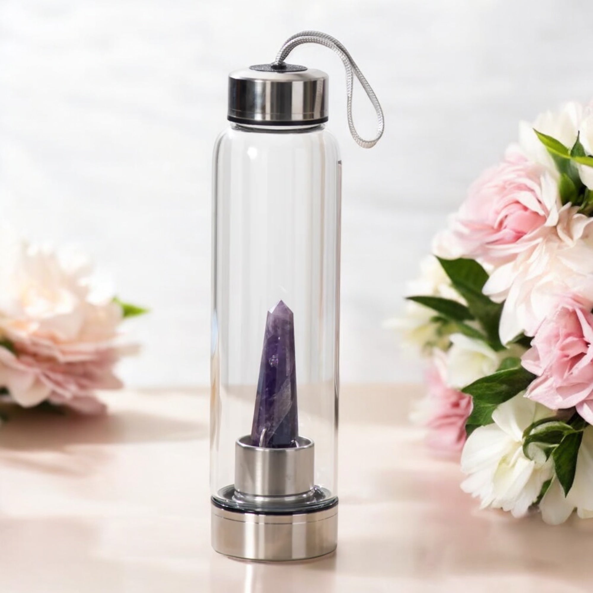 Amethyst Crystal Infused Glass Bottle