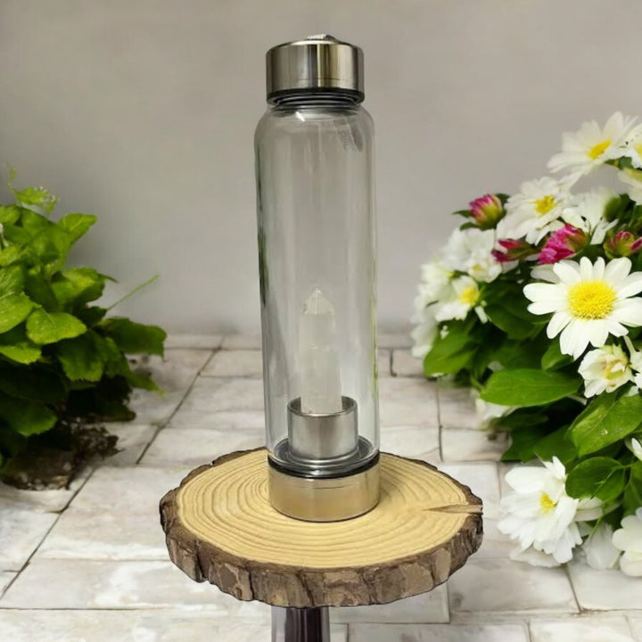 Clear Quartz Crystal Infused Glass Bottle