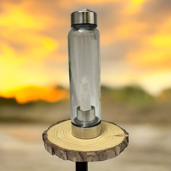 Clear Quartz Crystal Infused Glass Bottle