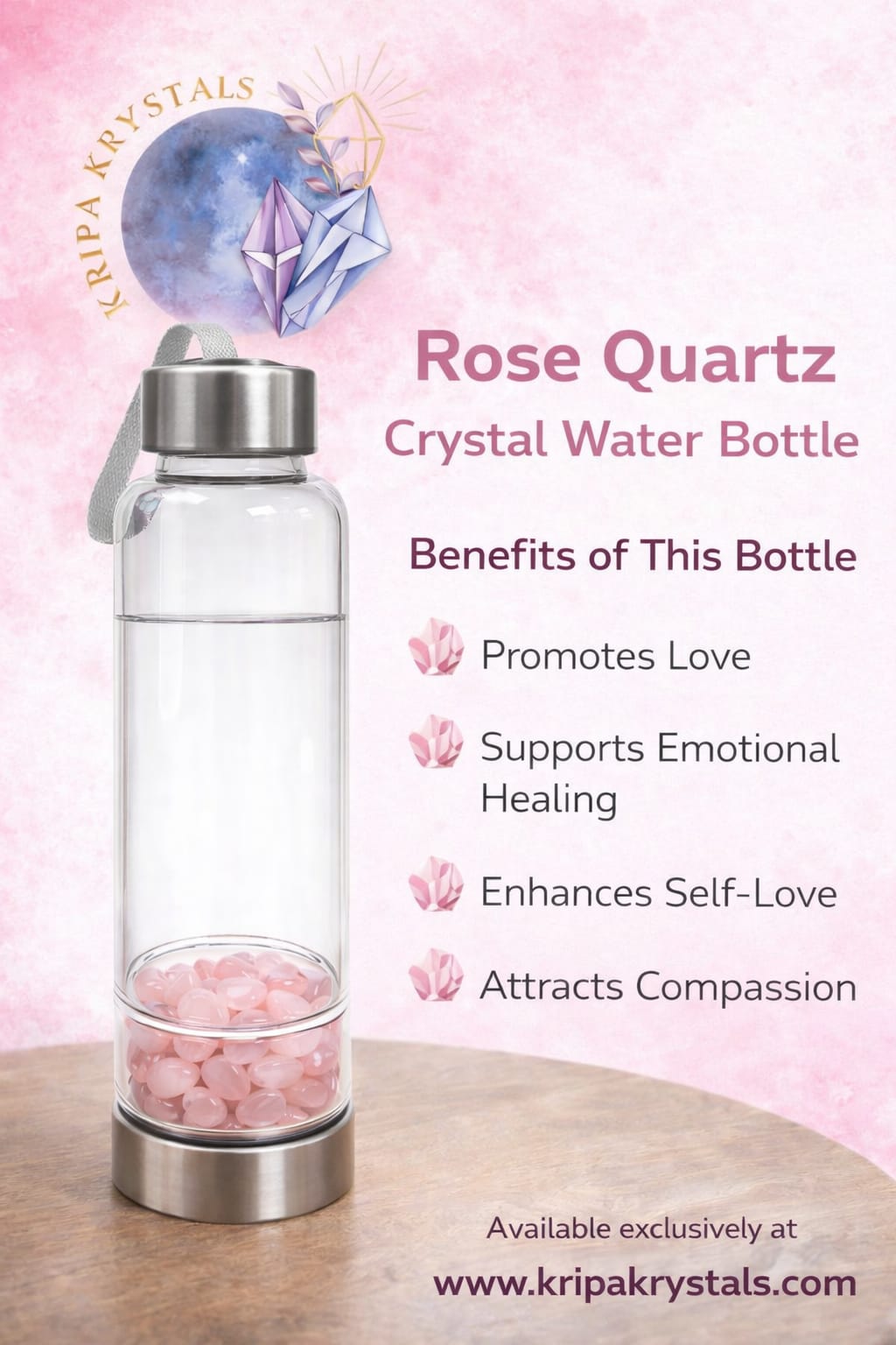 Kripa Krystals Rose Quartz Tumble Crystal Water Bottle | Natural Healing Crystal Infused Bottle for Love, Calmness & Emotional Balance