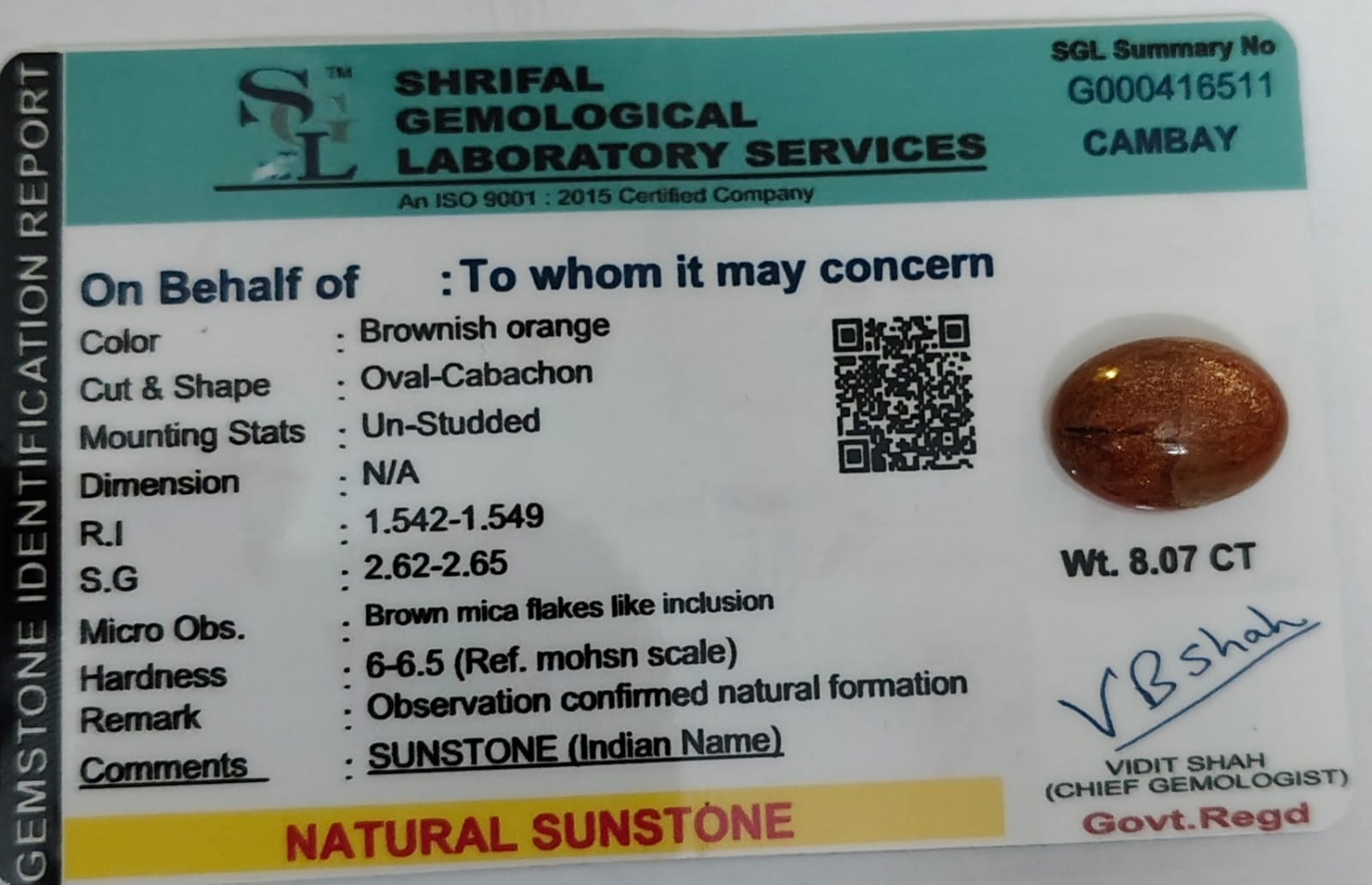 Natural Sunstone Gemstone – 8.07 Carat Oval Cabochon